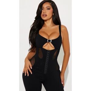 Black Cutout Corset Jumpsuit XL | Mesh Panel Buckle Bodysuit Screen Worn IWTV